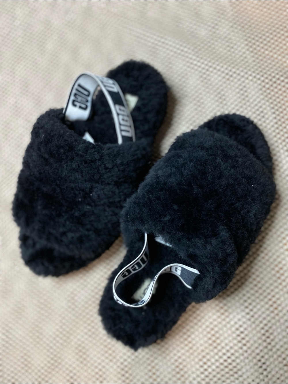 UGG Black Faux Fur Slide Slippers with Branded Elastic Back